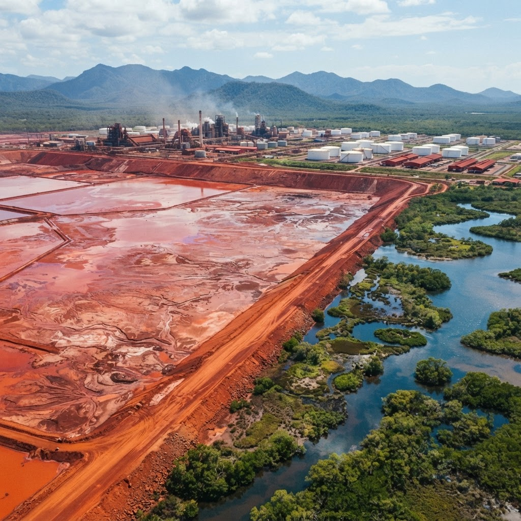 Aerial view of an industrial red mud impoundment pond Aerial view of an industrial red mud impoundment pond
